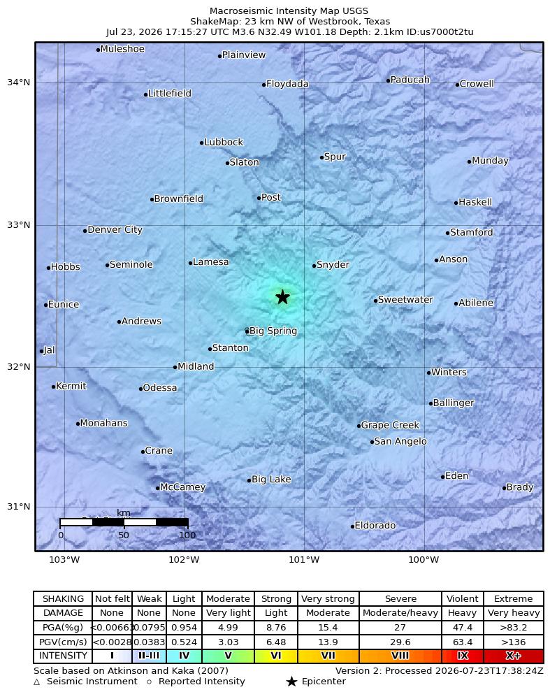 USGS ShakeMap intensity contours for the M3.9 earthquake near 23 km NW of Westbrook, Texas