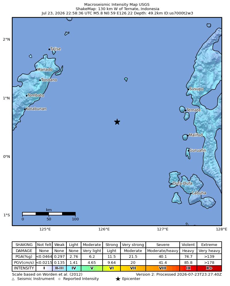 USGS ShakeMap intensity contours for the M5.8 earthquake near 130 km W of Ternate, Indonesia