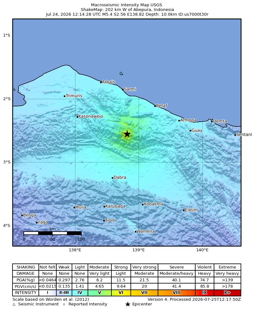 USGS ShakeMap intensity contours for the M5.4 earthquake near 202 km W of Abepura, Indonesia