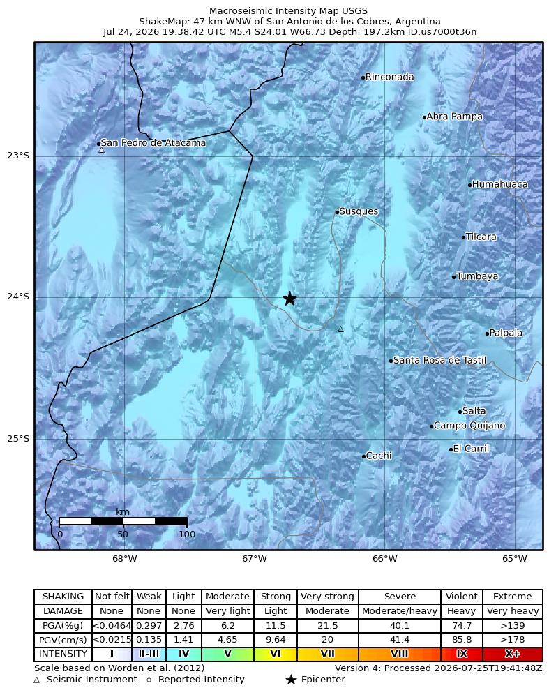 USGS ShakeMap intensity contours for the M5.3 earthquake near 44 km NW of San Antonio de los Cobres, Argentina