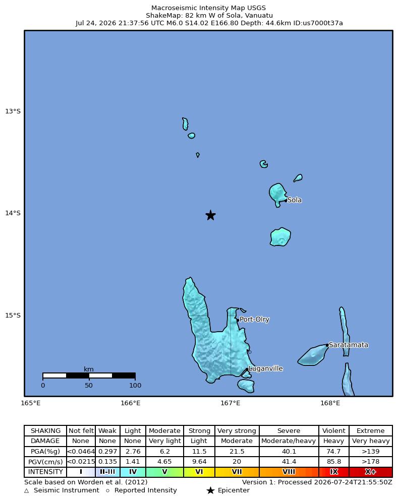 USGS ShakeMap intensity contours for the M6.0 earthquake near 82 km W of Sola, Vanuatu
