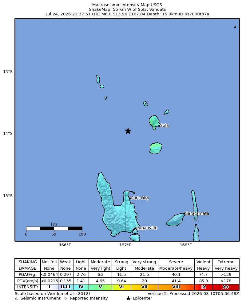 USGS ShakeMap intensity contours for the M6.0 earthquake near 55 km W of Sola, Vanuatu