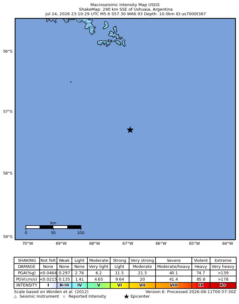USGS ShakeMap intensity contours for the M5.6 earthquake near 290 km SSE of Ushuaia, Argentina