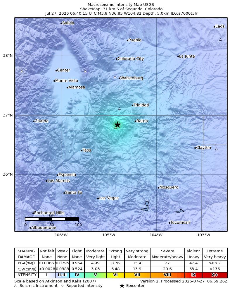 USGS ShakeMap intensity contours for the M3.8 earthquake near 31 km S of Segundo, Colorado