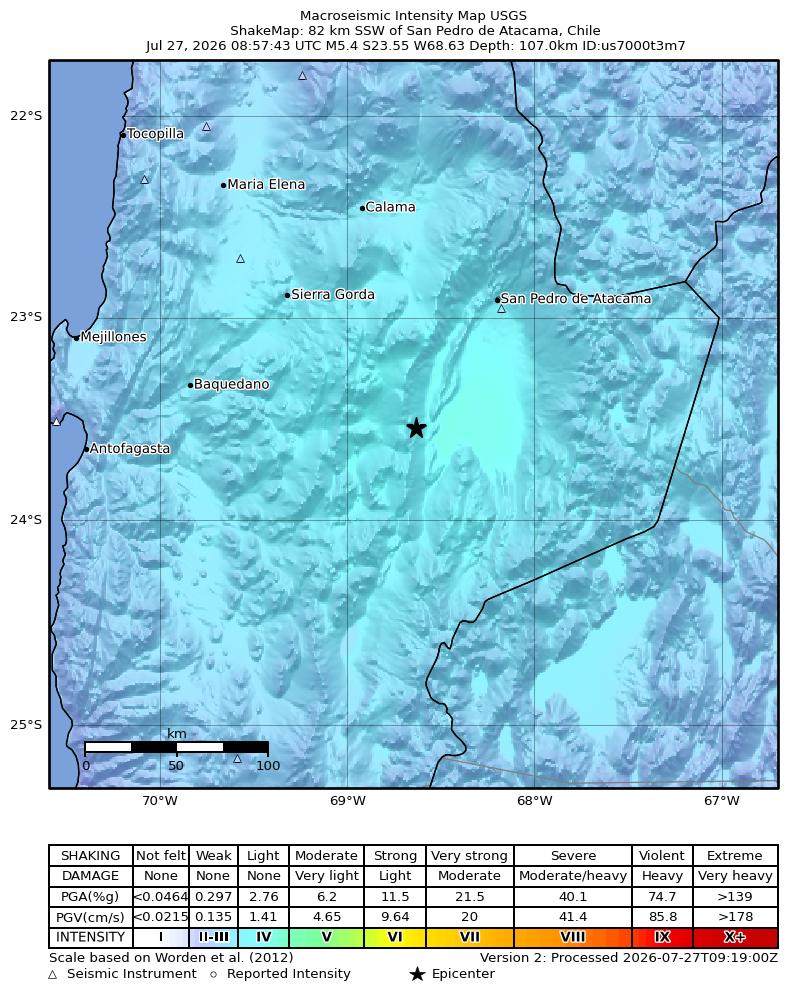 USGS ShakeMap intensity contours for the M5.4 earthquake near 82 km SSW of San Pedro de Atacama, Chile