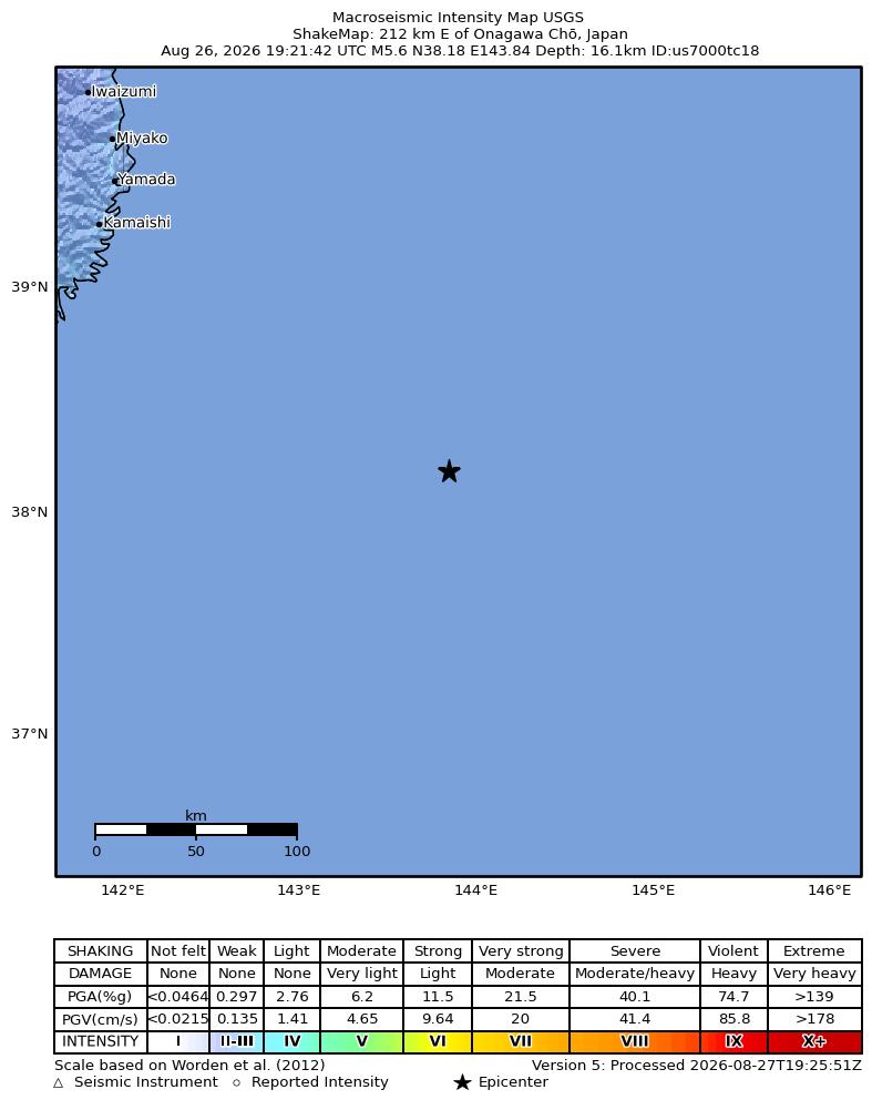 USGS ShakeMap intensity contours for the M5.6 earthquake near 209 km ESE of Ōfunato, Japan
