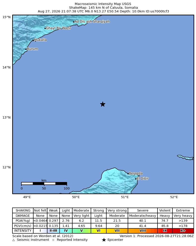 USGS ShakeMap intensity contours for the M6.0 earthquake near 145 km N of Caluula, Somalia