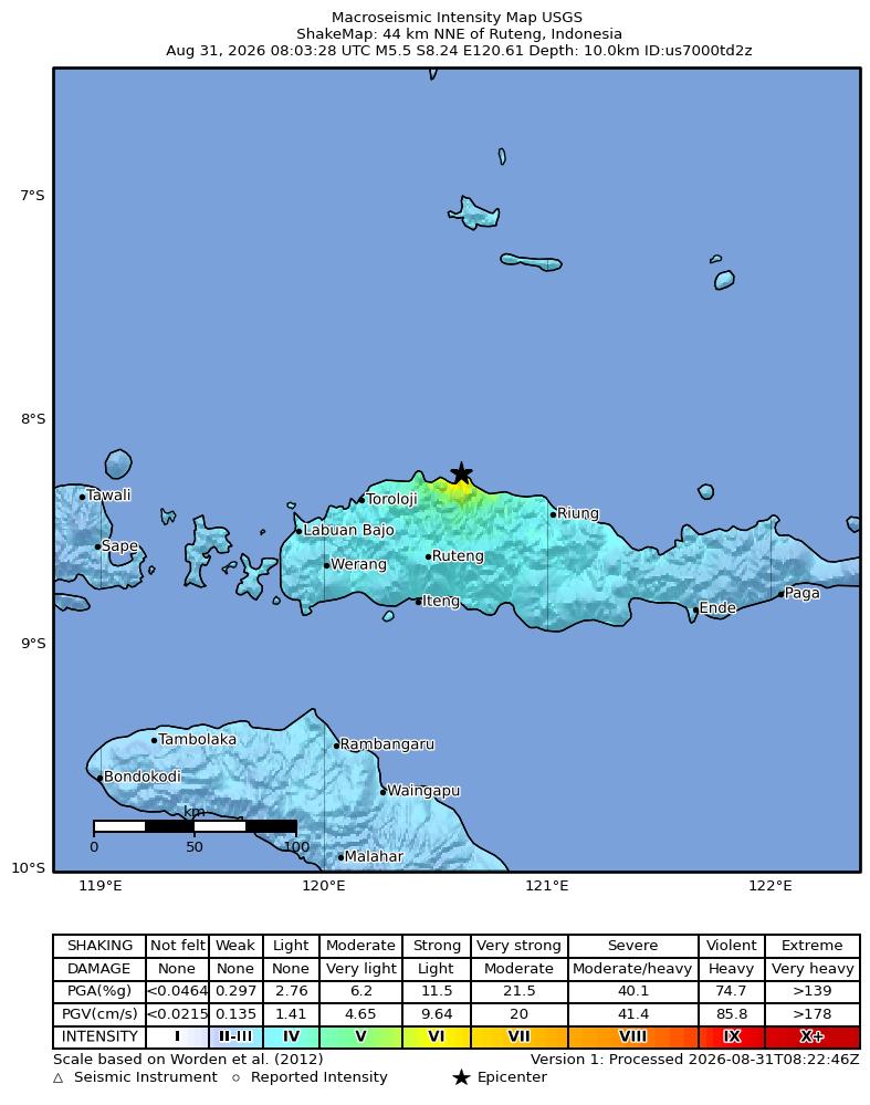 USGS ShakeMap intensity contours for the M5.5 earthquake near 44 km NNE of Ruteng, Indonesia