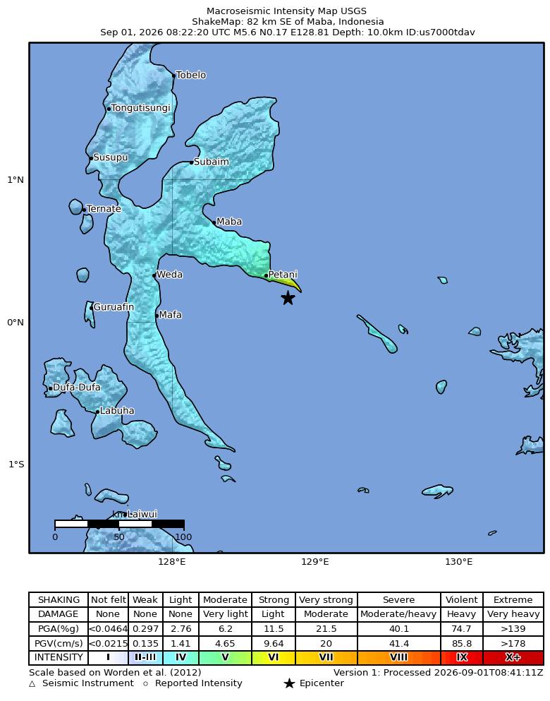 USGS ShakeMap intensity contours for the M5.6 earthquake near 82 km SE of Maba, Indonesia
