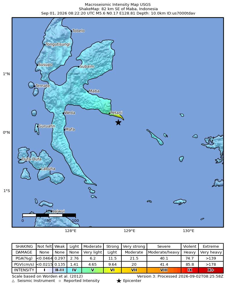 USGS ShakeMap intensity contours for the M5.6 earthquake near 82 km SE of Maba, Indonesia