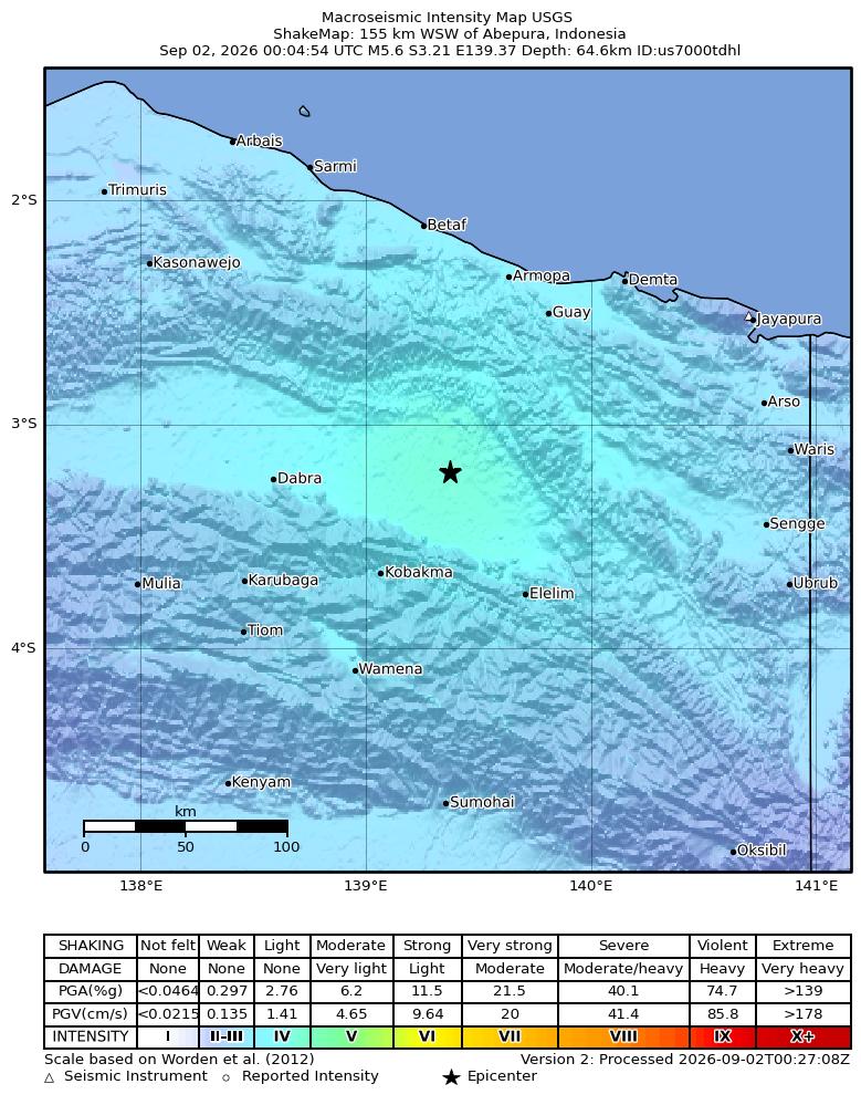 USGS ShakeMap intensity contours for the M5.6 earthquake near 159 km WSW of Abepura, Indonesia