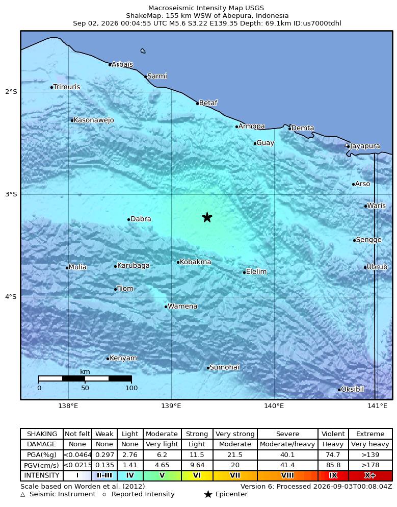 USGS ShakeMap intensity contours for the M5.3 earthquake near 164 km WSW of Abepura, Indonesia