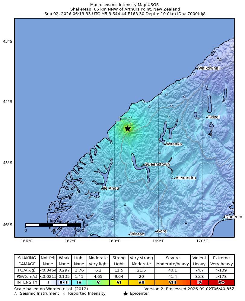 USGS ShakeMap intensity contours for the M5.3 earthquake near 66 km NNW of Arthurs Point, New Zealand