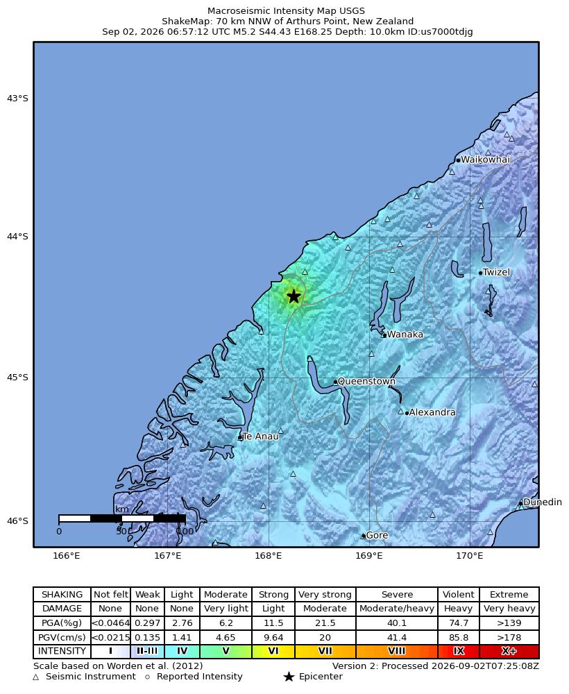 USGS ShakeMap intensity contours for the M5.2 earthquake near 70 km NNW of Arthurs Point, New Zealand