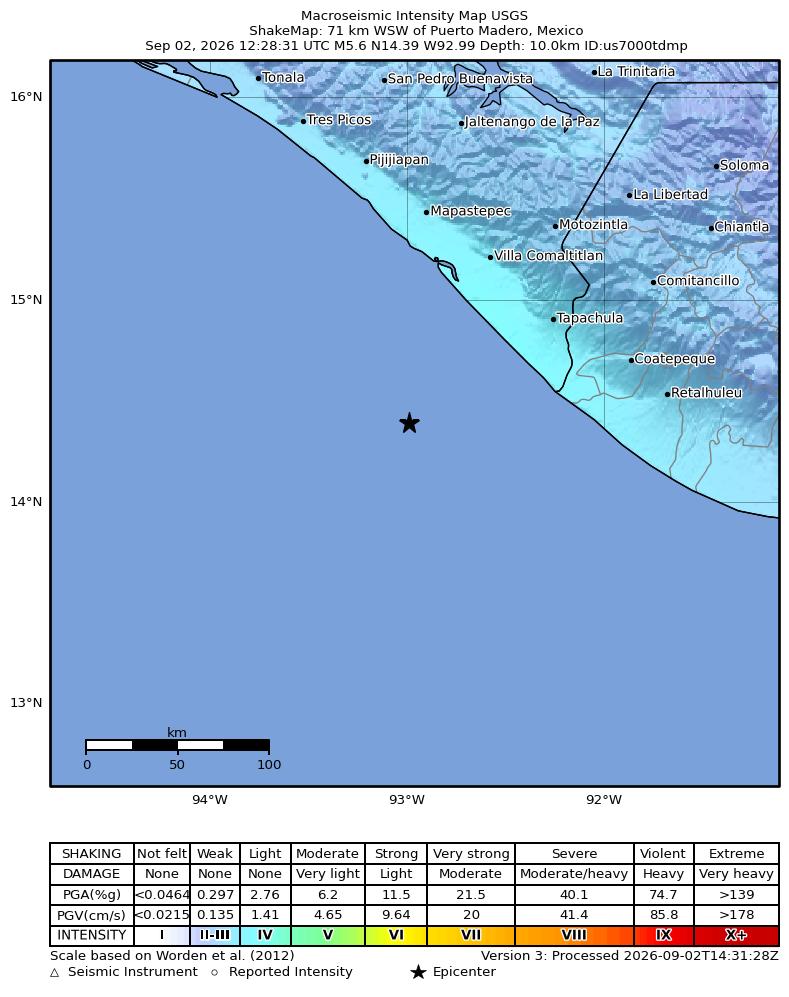USGS ShakeMap intensity contours for the M5.6 earthquake near 71 km WSW of Puerto Madero, Mexico