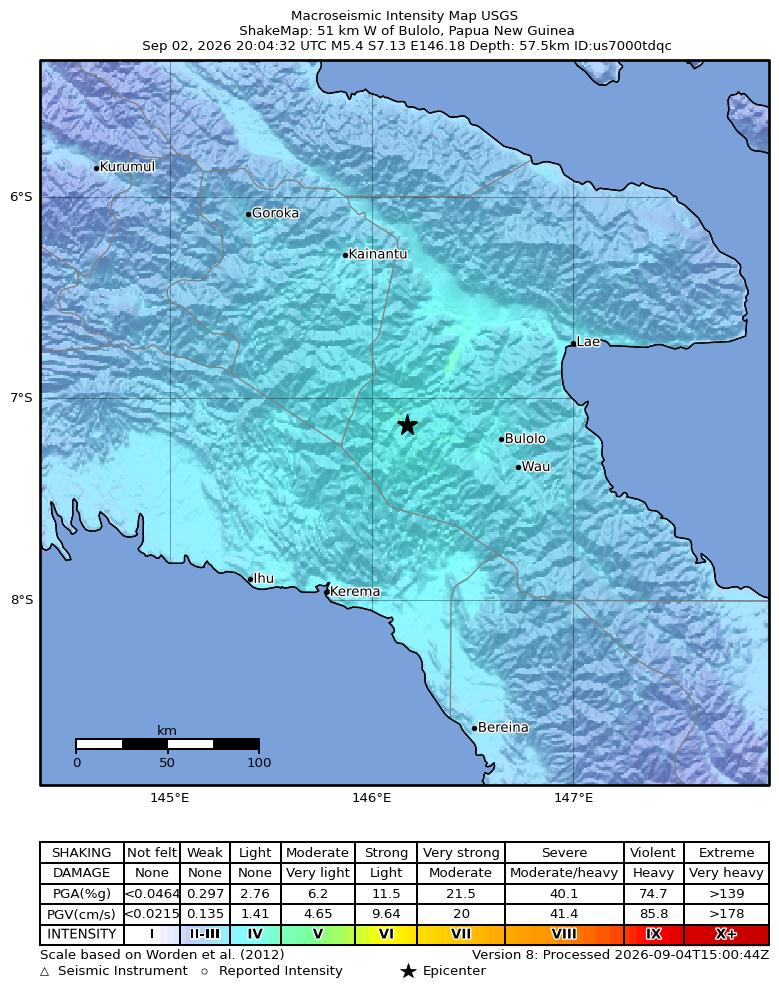 USGS ShakeMap intensity contours for the M5.4 earthquake near 51 km W of Bulolo, Papua New Guinea