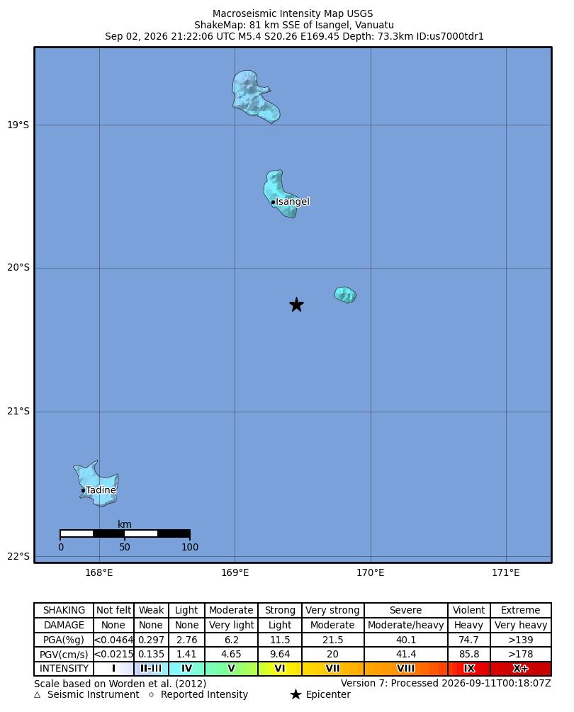 USGS ShakeMap intensity contours for the M5.4 earthquake near 81 km SSE of Isangel, Vanuatu