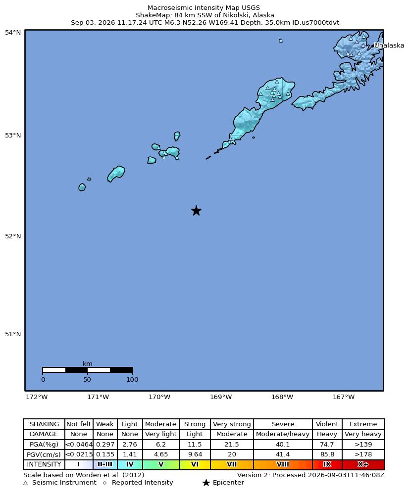 USGS ShakeMap intensity contours for the M6.3 earthquake near 84 km SSW of Nikolski, Alaska
