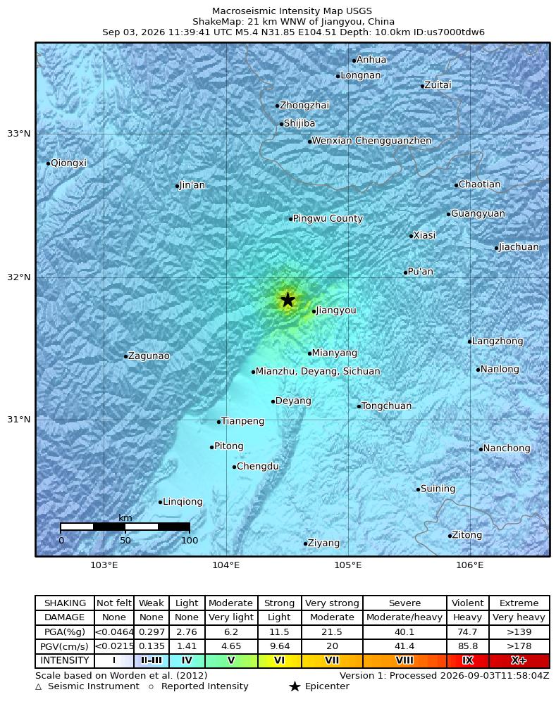 USGS ShakeMap intensity contours for the M5.4 earthquake near 21 km WNW of Jiangyou, China