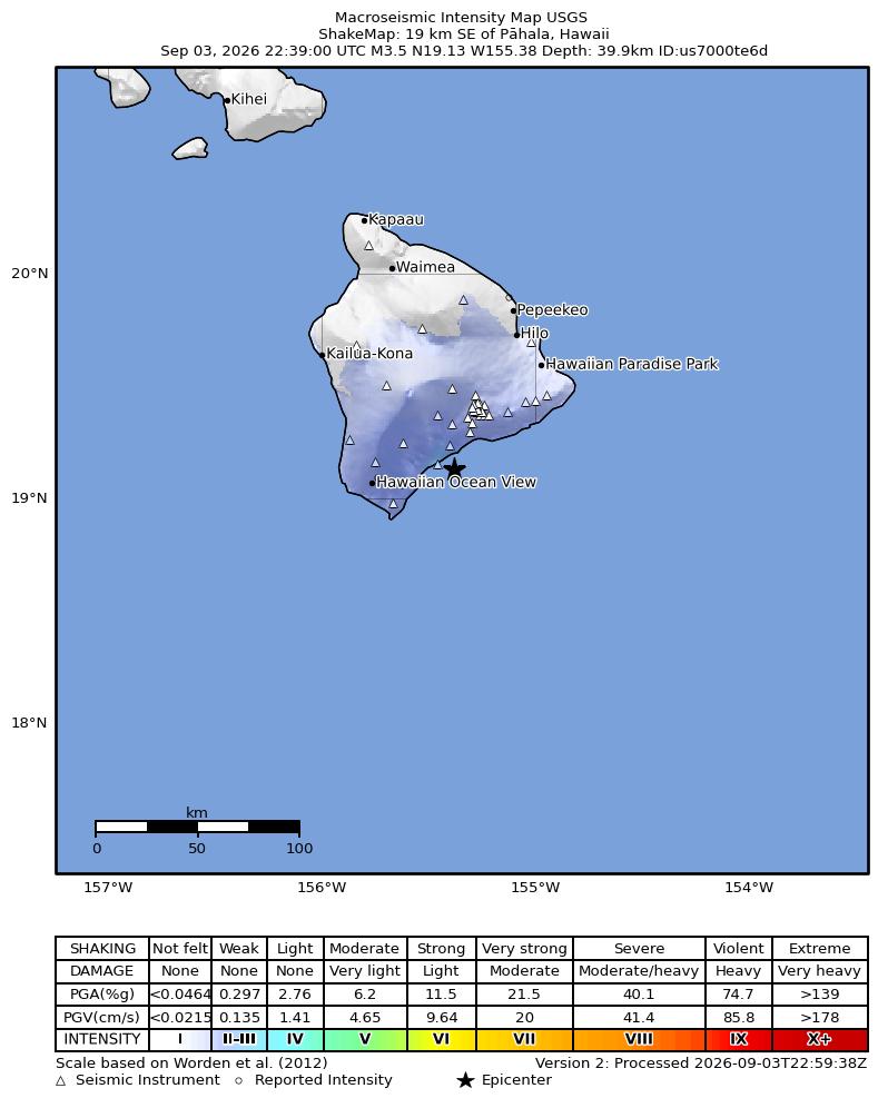 USGS ShakeMap intensity contours for the M3.4 earthquake near 19 km SE of Pāhala, Hawaii