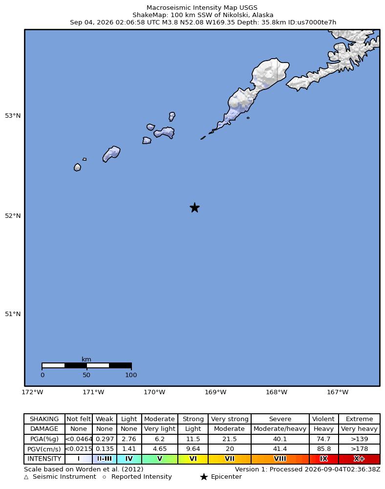 USGS ShakeMap intensity contours for the M3.8 earthquake near 100 km SSW of Nikolski, Alaska