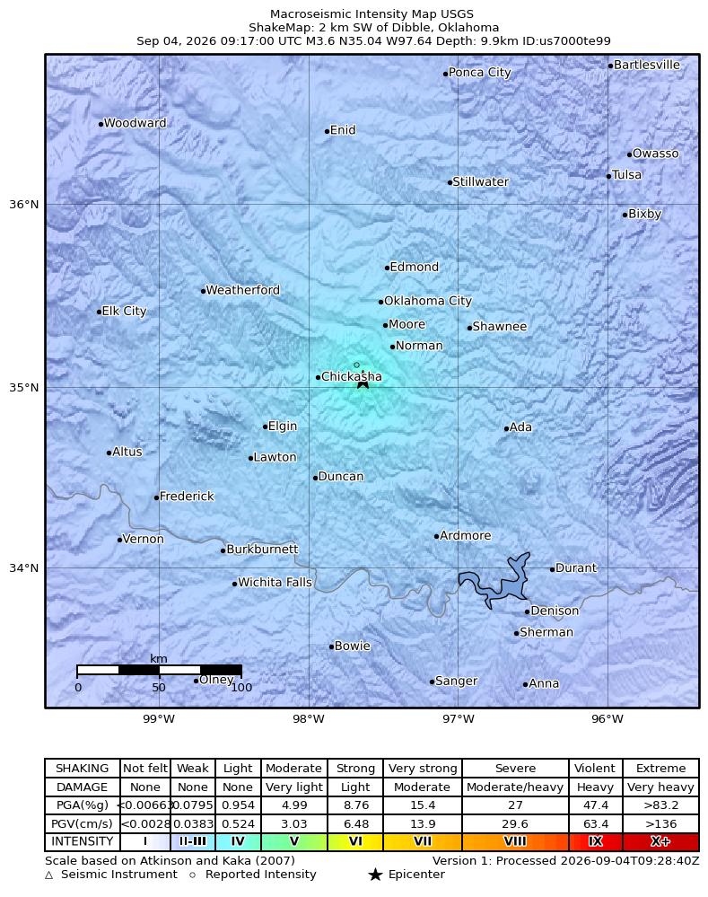 USGS ShakeMap intensity contours for the M3.6 earthquake near 2 km SW of Dibble, Oklahoma