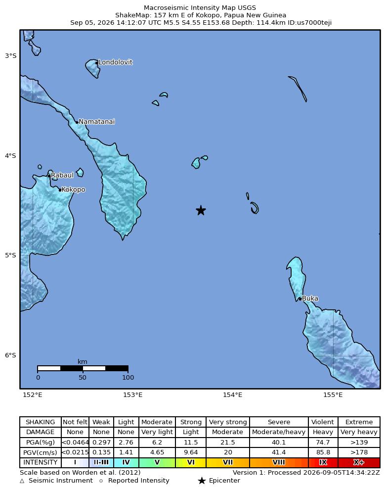 USGS ShakeMap intensity contours for the M5.5 earthquake near 157 km E of Kokopo, Papua New Guinea
