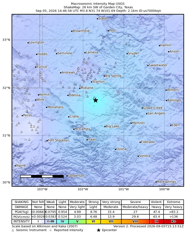 USGS ShakeMap intensity contours for the M3.6 earthquake near 26 km SW of Garden City, Texas