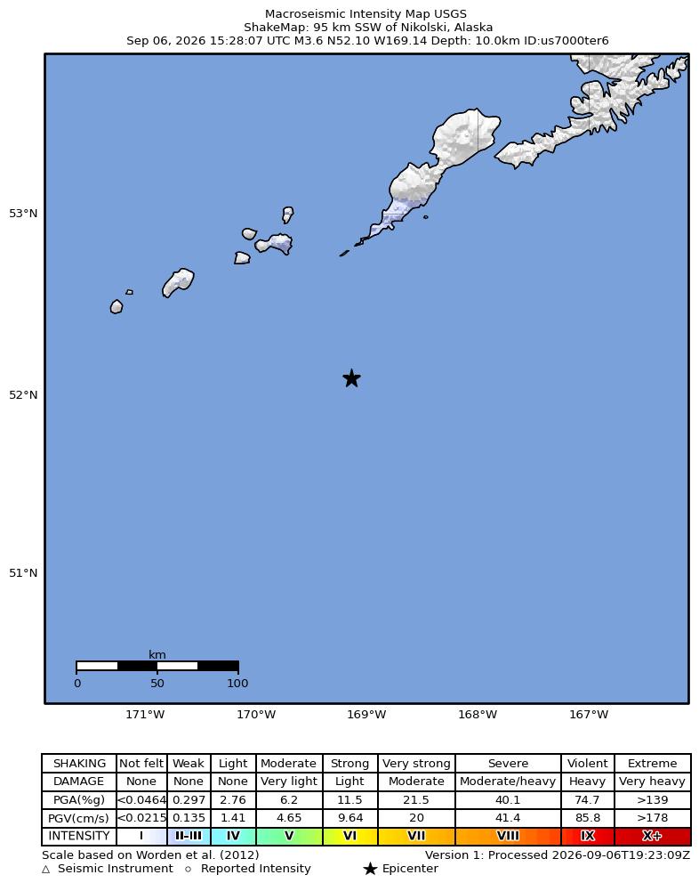 USGS ShakeMap intensity contours for the M3.6 earthquake near 95 km SSW of Nikolski, Alaska