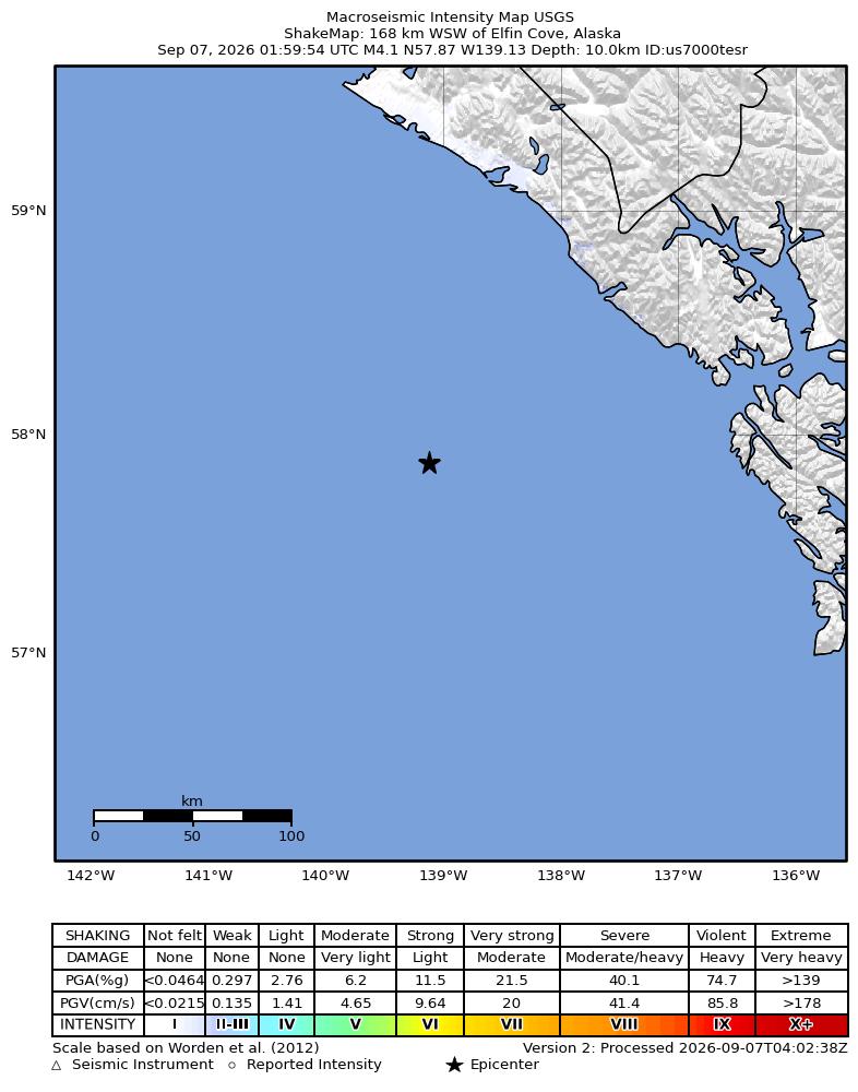 USGS ShakeMap intensity contours for the M4.1 earthquake near 168 km WSW of Elfin Cove, Alaska
