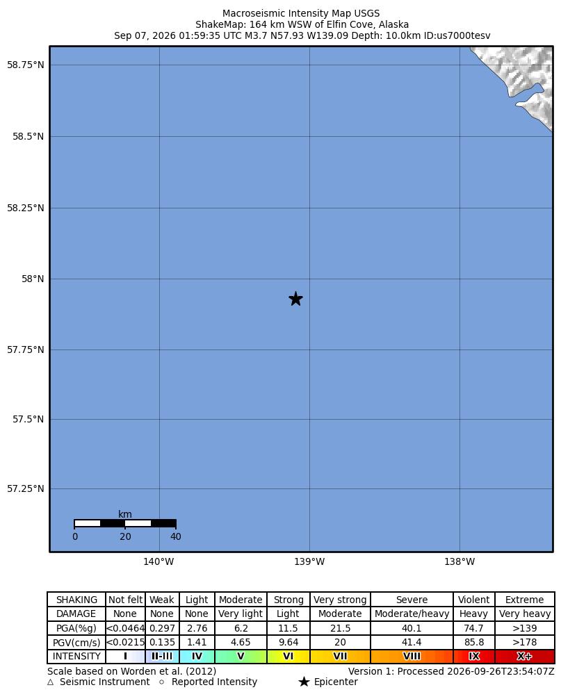 USGS ShakeMap intensity contours for the M3.7 earthquake near 164 km WSW of Elfin Cove, Alaska
