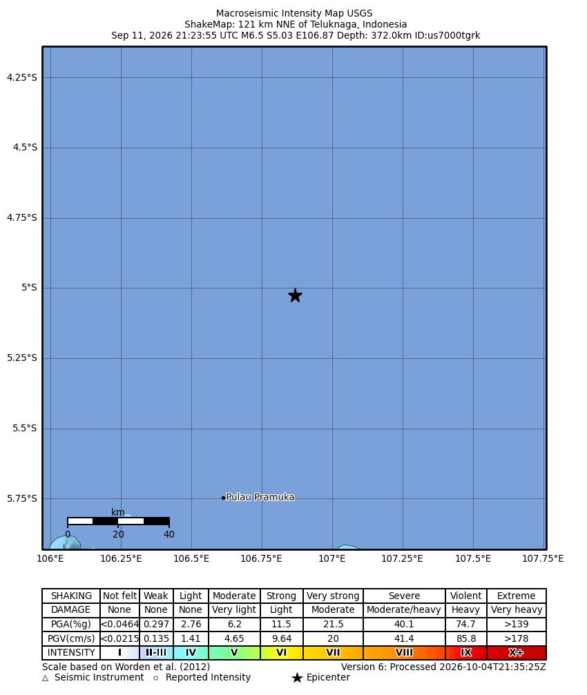 USGS ShakeMap intensity contours for the M6.5 earthquake near 121 km NNE of Teluknaga, Indonesia