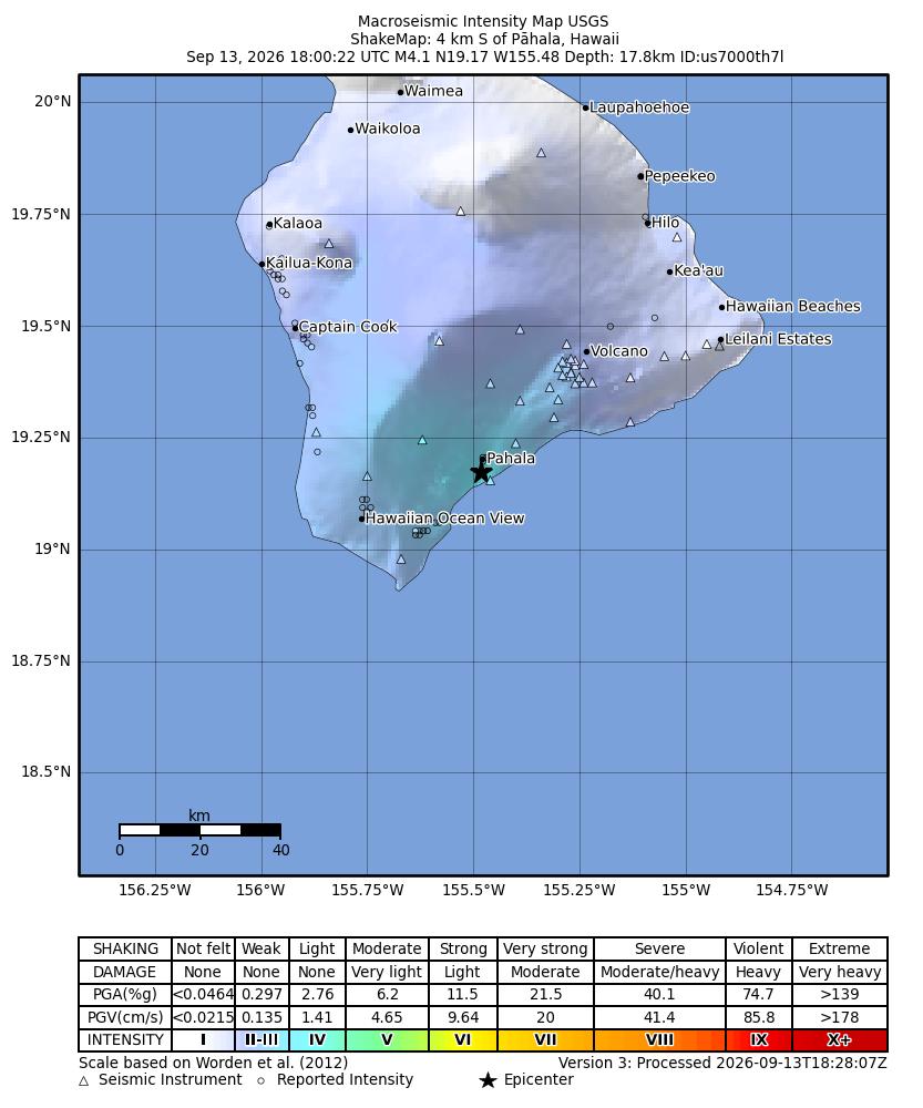 USGS ShakeMap intensity contours for the M4.0 earthquake near 4 km S of Pāhala, Hawaii