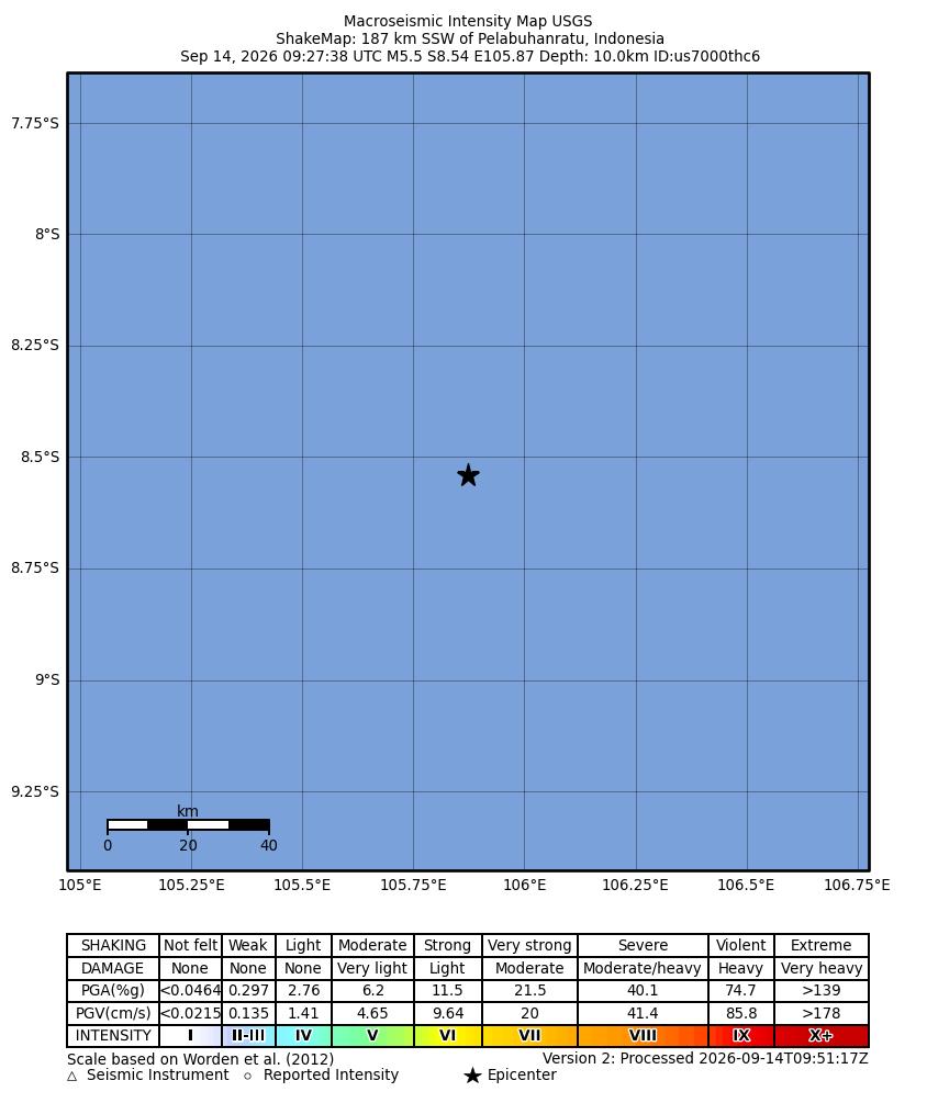 USGS ShakeMap intensity contours for the M5.5 earthquake near 187 km SSW of Pelabuhanratu, Indonesia