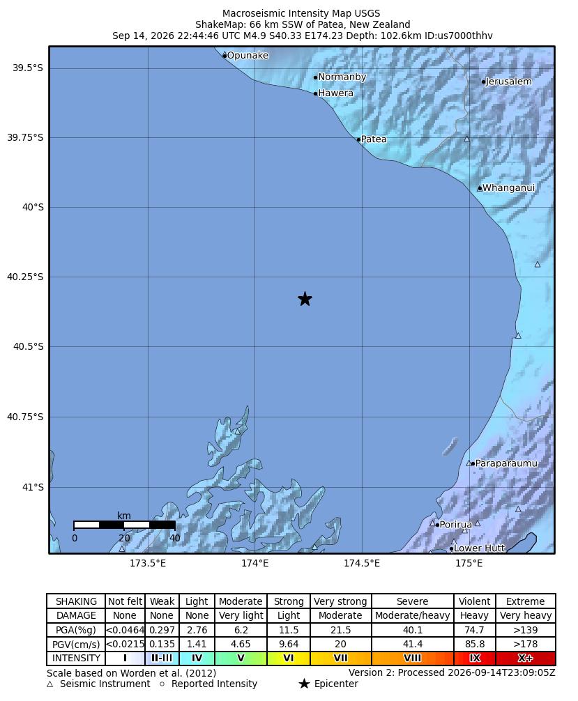 USGS ShakeMap intensity contours for the M4.9 earthquake near 66 km SSW of Patea, New Zealand