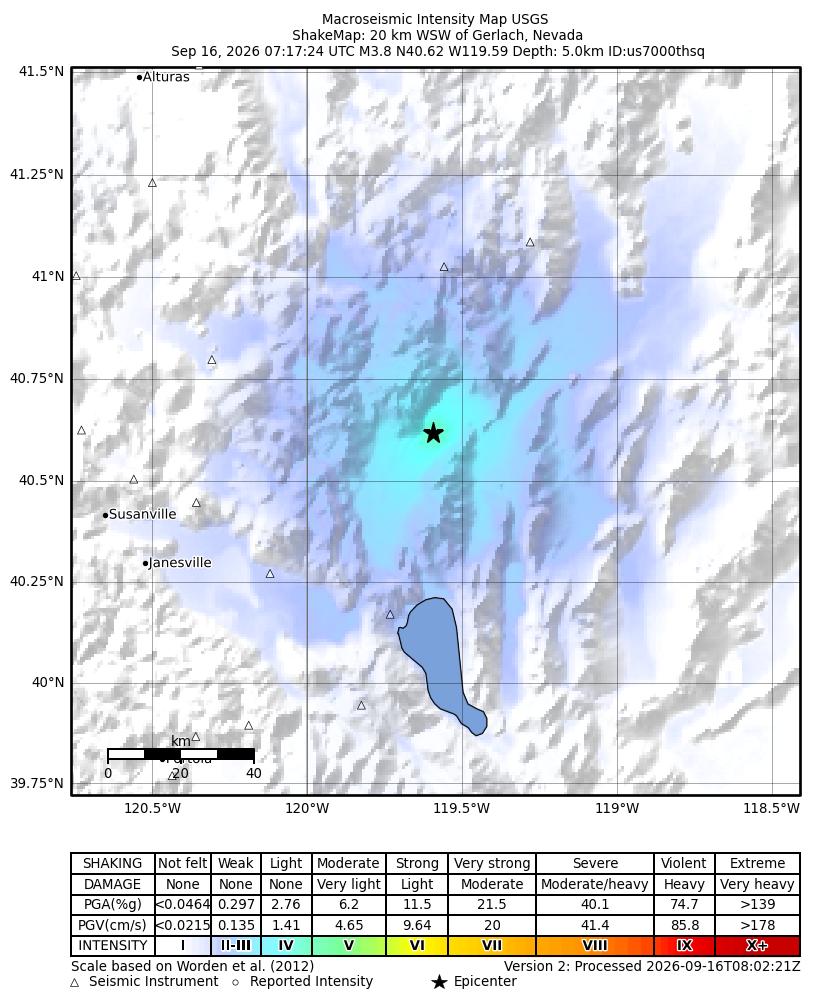 USGS ShakeMap intensity contours for the M4.1 earthquake near 20 km WSW of Gerlach, Nevada