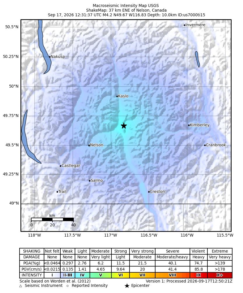 USGS ShakeMap intensity contours for the M4.2 earthquake near 37 km ENE of Nelson, Canada