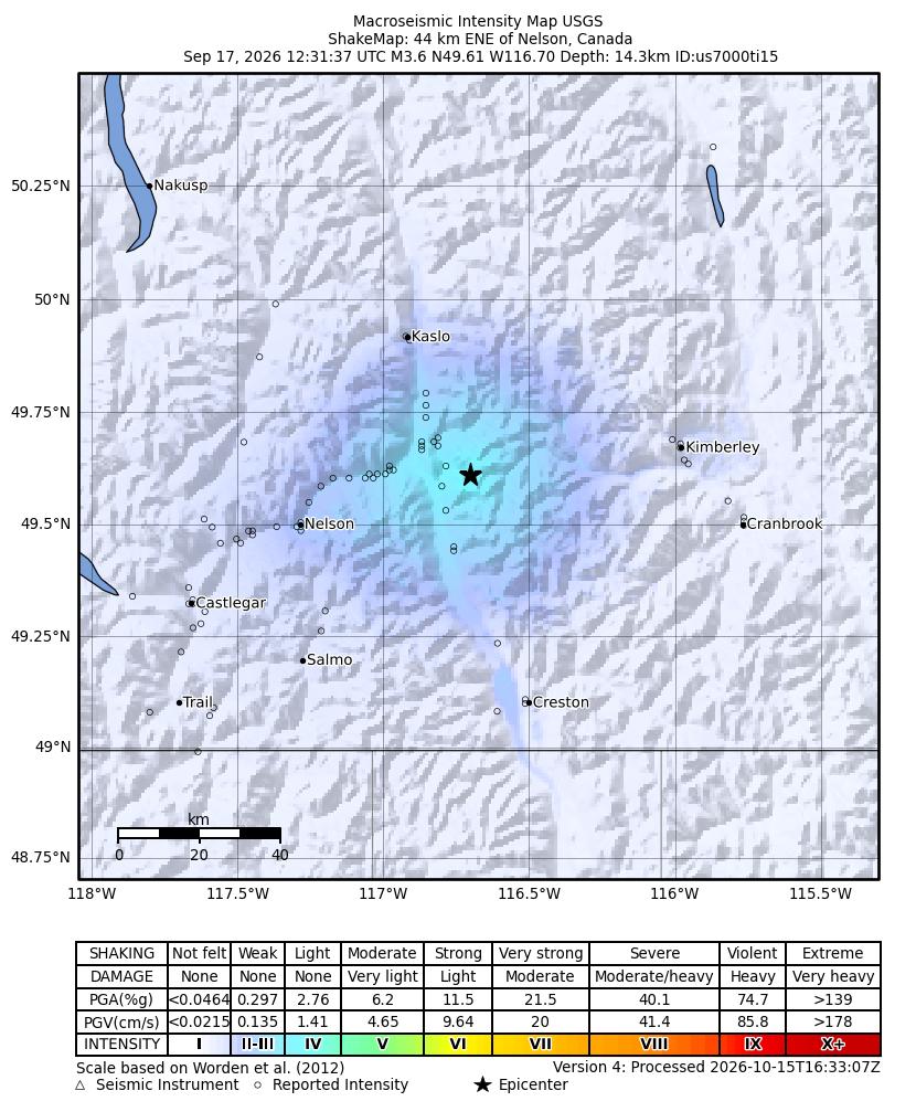 USGS ShakeMap intensity contours for the M3.6 earthquake near 44 km ENE of Nelson, Canada