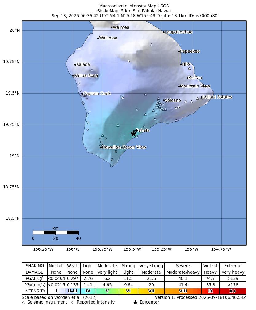 USGS ShakeMap intensity contours for the M4.1 earthquake near 5 km S of Pāhala, Hawaii
