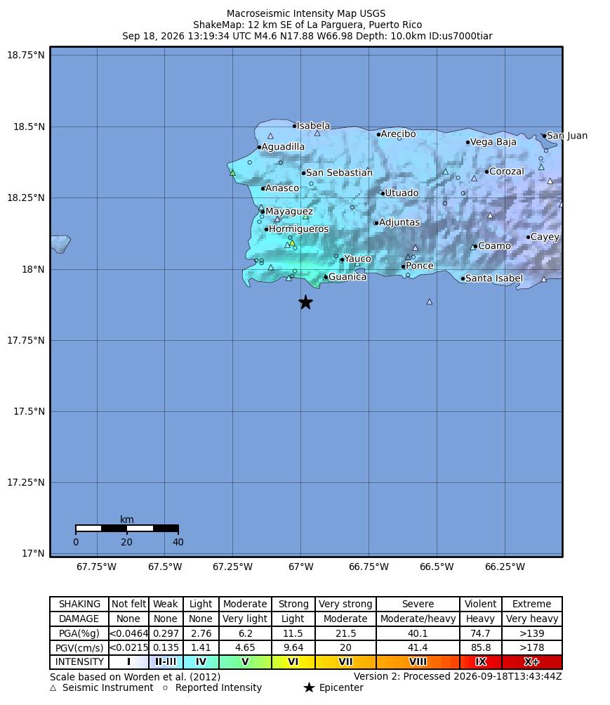 USGS ShakeMap intensity contours for the M4.8 earthquake near 5 km SW of Guánica, Puerto Rico