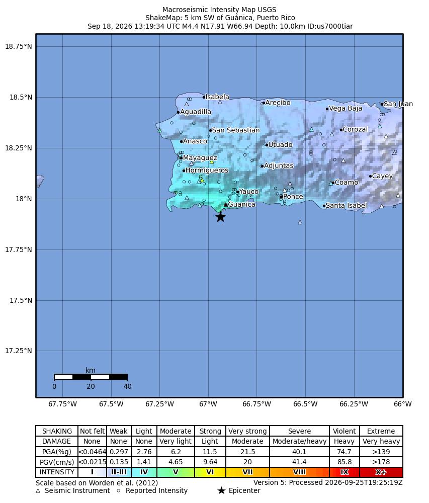 USGS ShakeMap intensity contours for the M4.8 earthquake near 5 km SW of Guánica, Puerto Rico