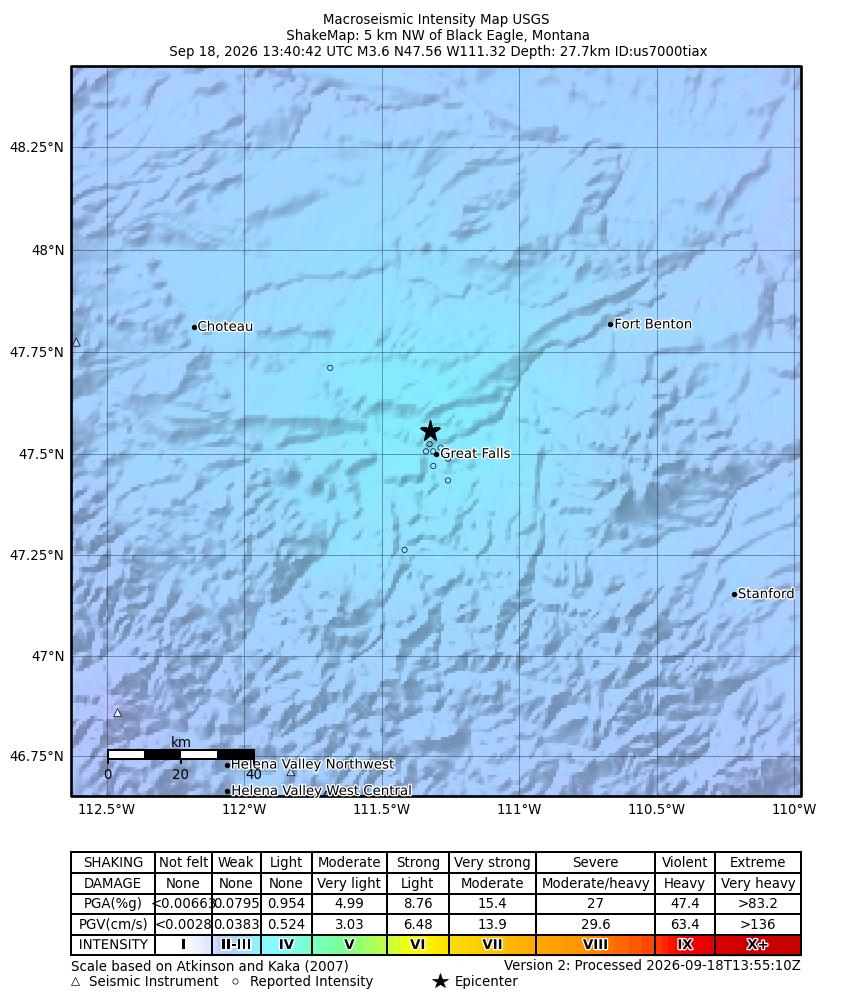 USGS ShakeMap intensity contours for the M3.6 earthquake near 5 km NW of Black Eagle, Montana