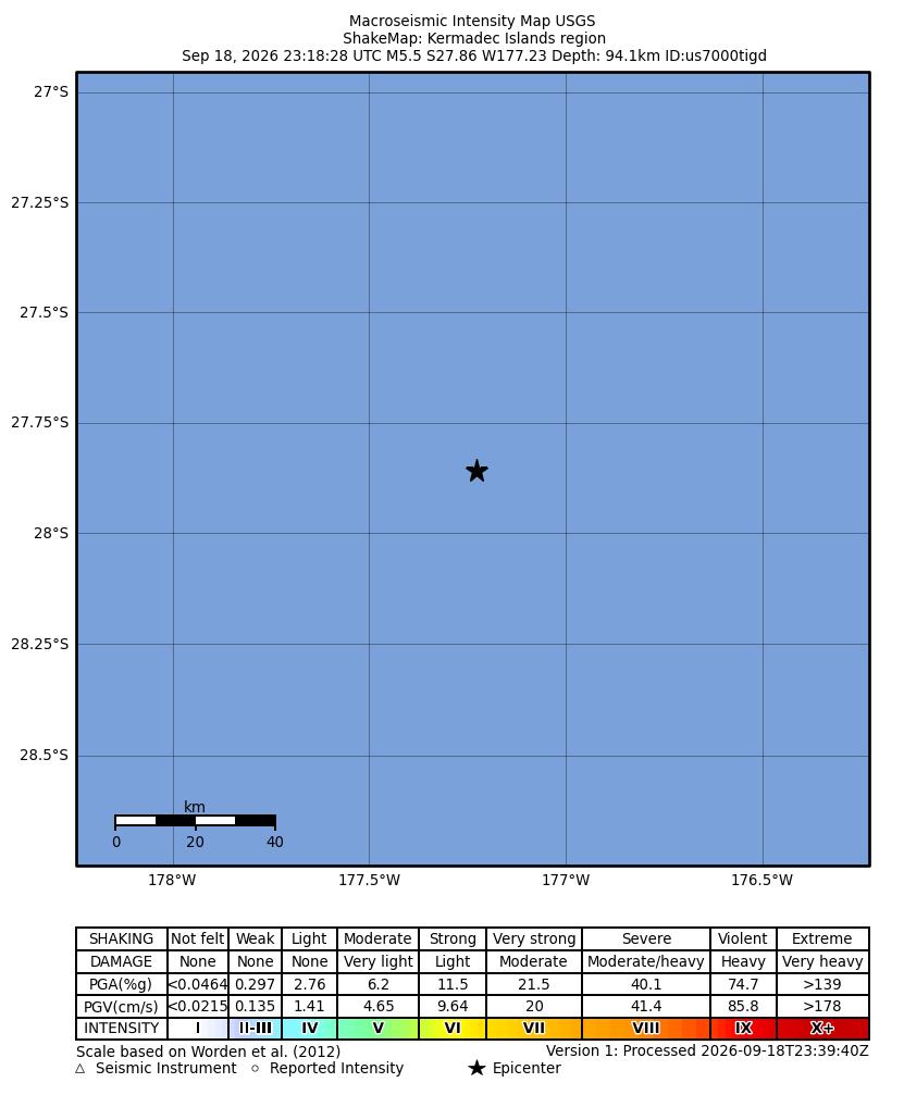 USGS ShakeMap intensity contours for the M5.5 earthquake near Kermadec Islands region