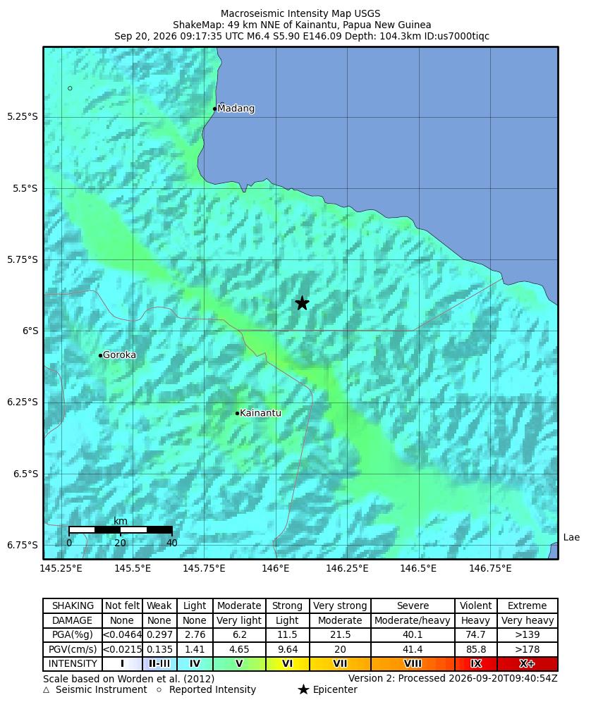 USGS ShakeMap intensity contours for the M6.4 earthquake near 49 km NNE of Kainantu, Papua New Guinea