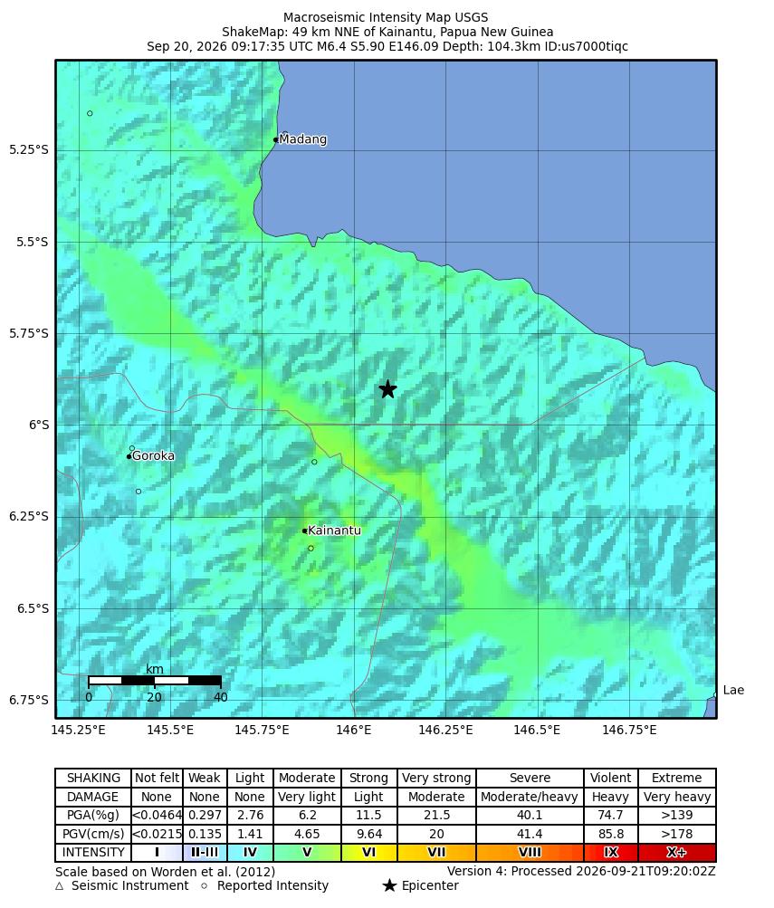 USGS ShakeMap intensity contours for the M6.4 earthquake near 49 km NNE of Kainantu, Papua New Guinea