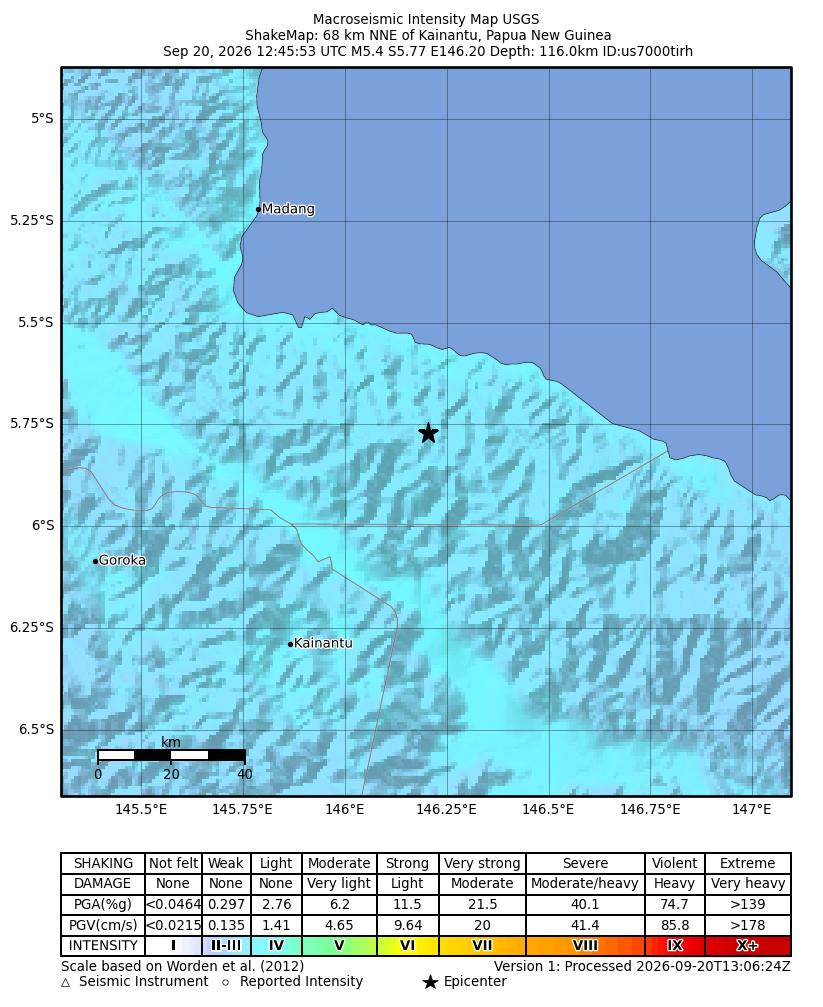 USGS ShakeMap intensity contours for the M5.4 earthquake near 68 km NNE of Kainantu, Papua New Guinea