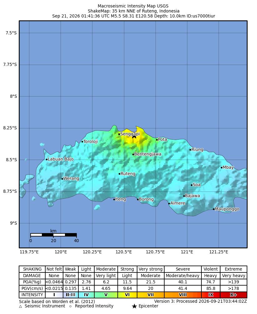 USGS ShakeMap intensity contours for the M5.5 earthquake near 35 km NNE of Ruteng, Indonesia