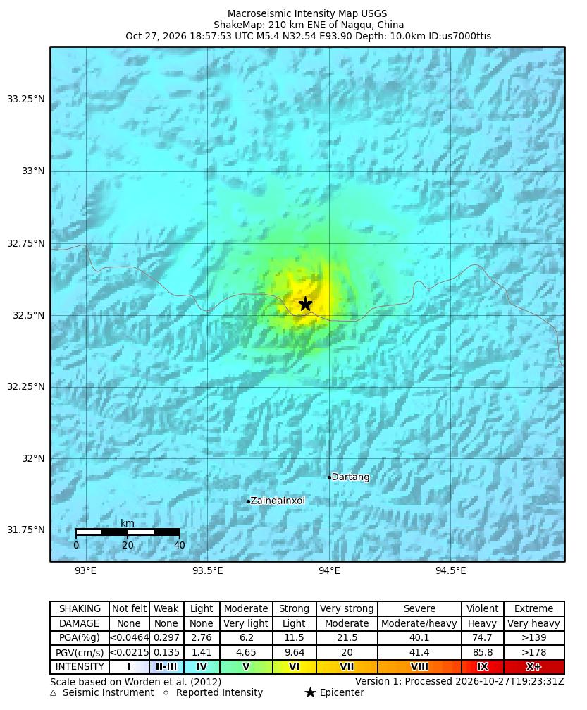 USGS ShakeMap intensity contours for the M5.4 earthquake near 210 km ENE of Nagqu, China