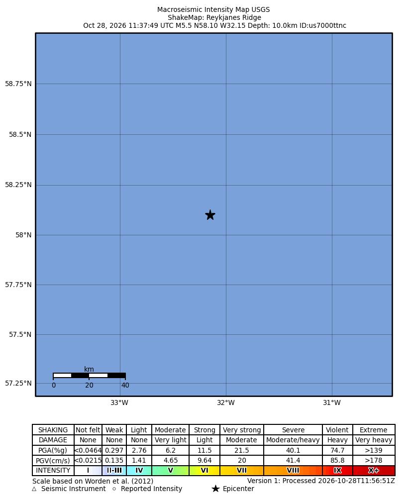 USGS ShakeMap intensity contours for the M5.5 earthquake near Reykjanes Ridge