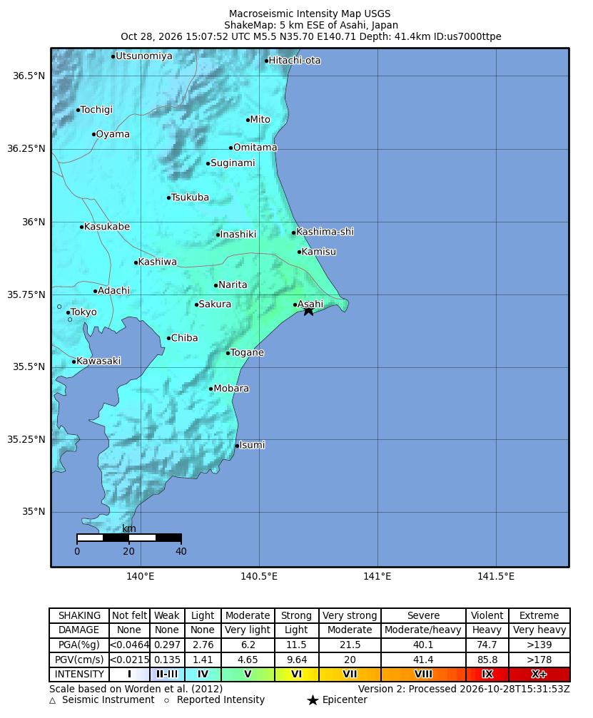 USGS ShakeMap intensity contours for the M5.5 earthquake near 5 km ESE of Asahi, Japan